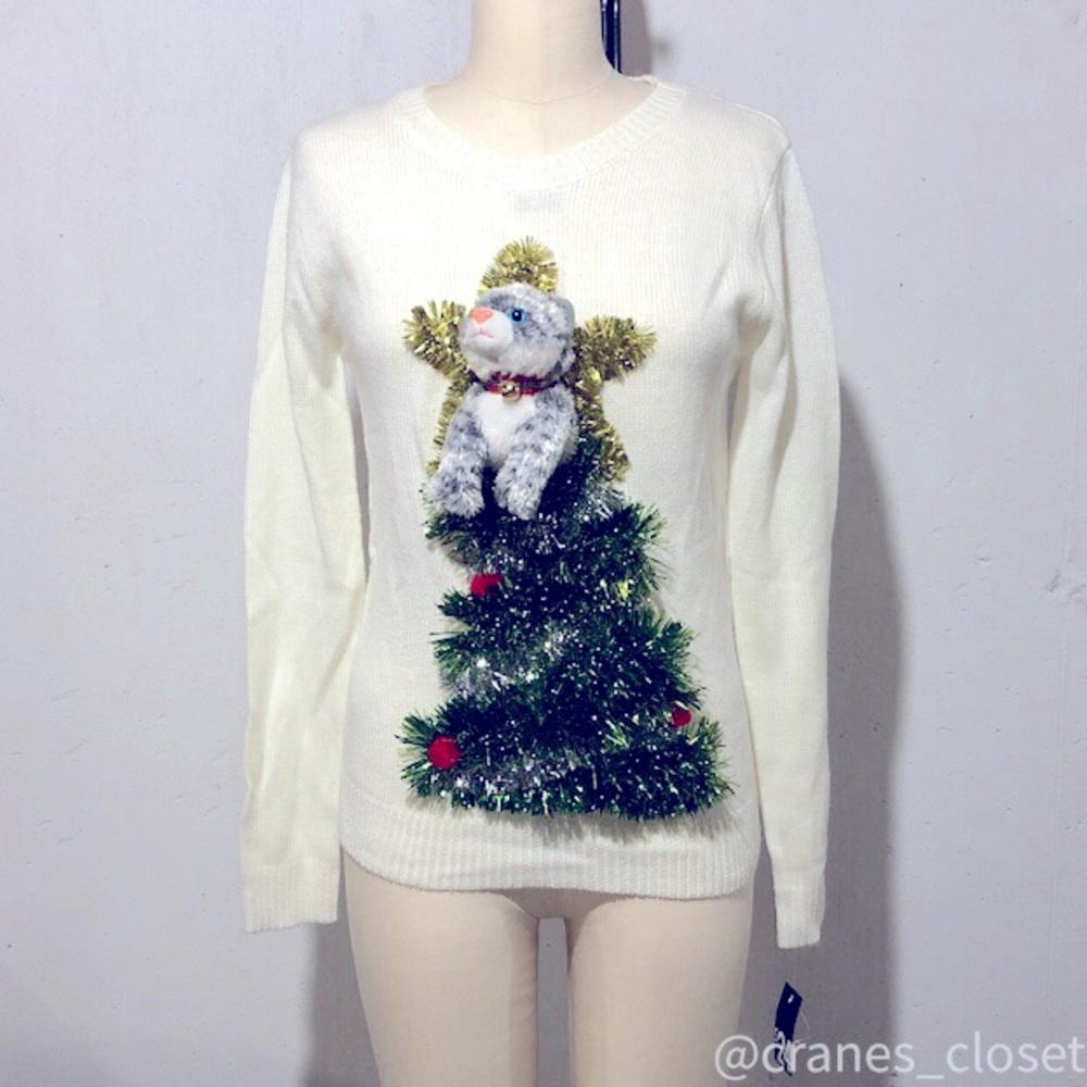 NWT Cream Ivory Ugly Christmas Cat Tree Sweater M